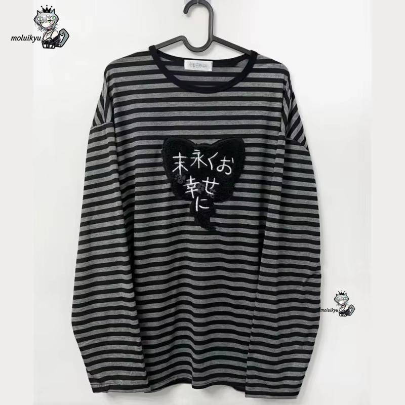 Embellish Knit - Y2K アメリカンパンクヴィンテージ O ネック長袖シャツオールマッチストライプデザイン原宿刺繍トップス美的ハイストリート Tシャツ