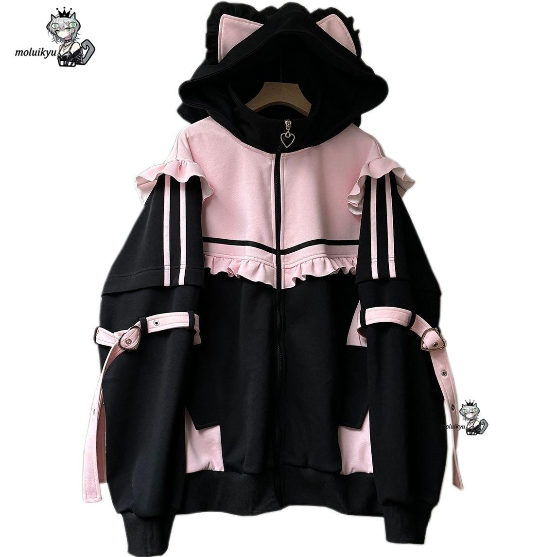 Embellish Knit - Y2K カワイイ猫耳パーカー レディース ピンク ブラック ジップアップジャケット
