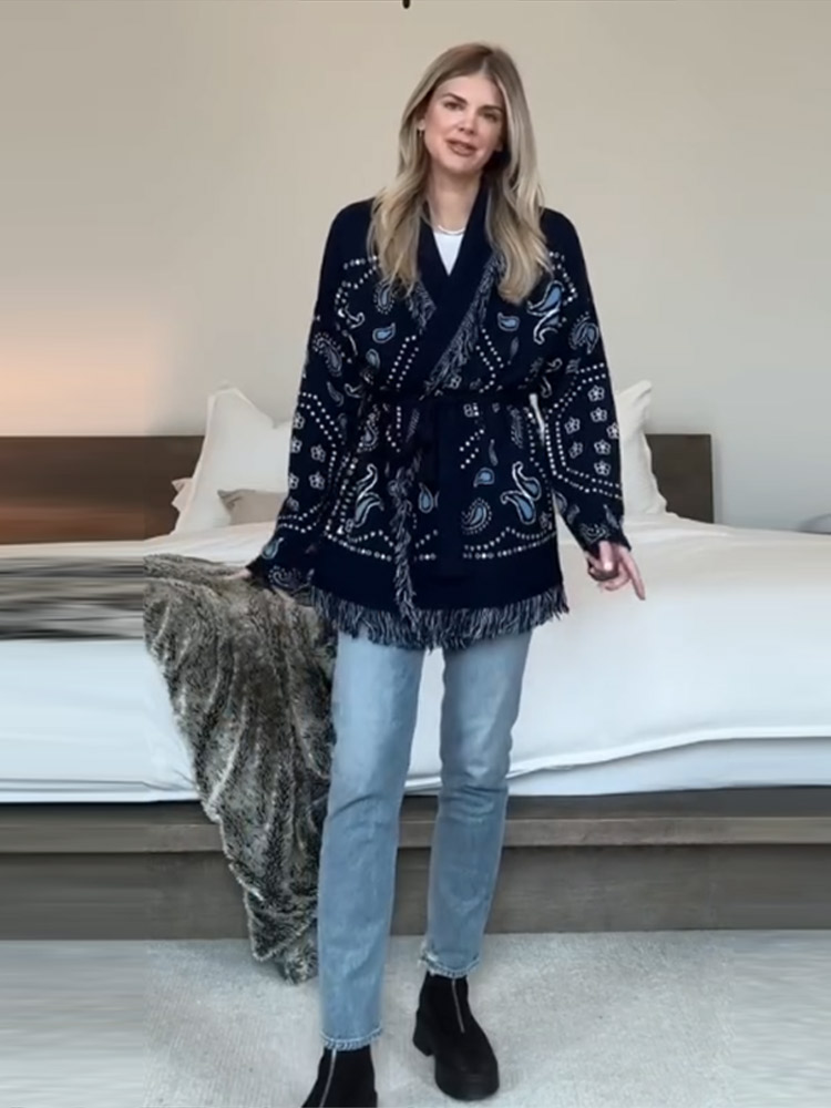 Tassel Fringe Trim - 2026 秋冬エレガントなプリントタッセルカーディガン女性ベルト V ネック長袖ルーズニットセーター女性のシックなニットウェア新